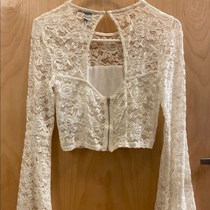 White Lace Stretch Crop Top F21 Blouse Shirt Small White Party Wedding Women